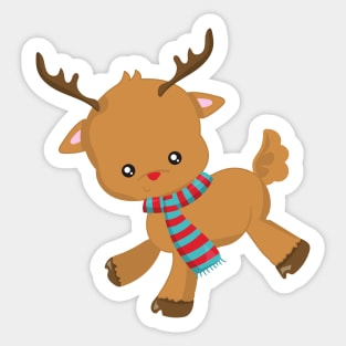 Christmas Reindeer, Scarf, Red Nose, New Year Sticker